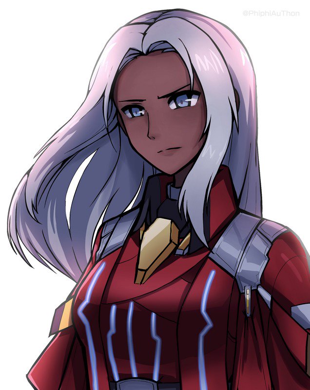 1girl armor blue_eyes bodysuit dark_skin elma_(xenoblade_x) hair_ornament long_hair nintendo phiphi-au-thon sad simple_background solo solo_focus white_background white_hair xenoblade_(series) xenoblade_chronicles_x