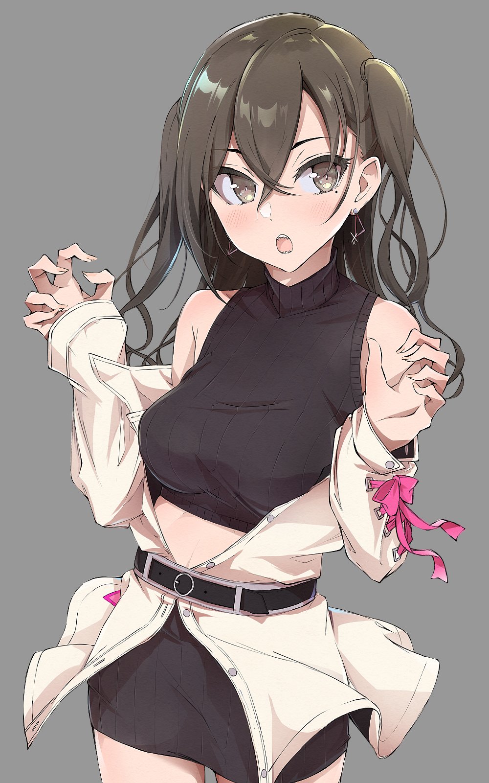 1girl bare_shoulders brown_hair claw_pose crop_top earrings highres idolmaster idolmaster_cinderella_girls jacket jewelry midriff miniskirt okuzashiki open_clothes open_jacket open_mouth sharp_teeth simple_background skirt solo sunazuka_akira teeth