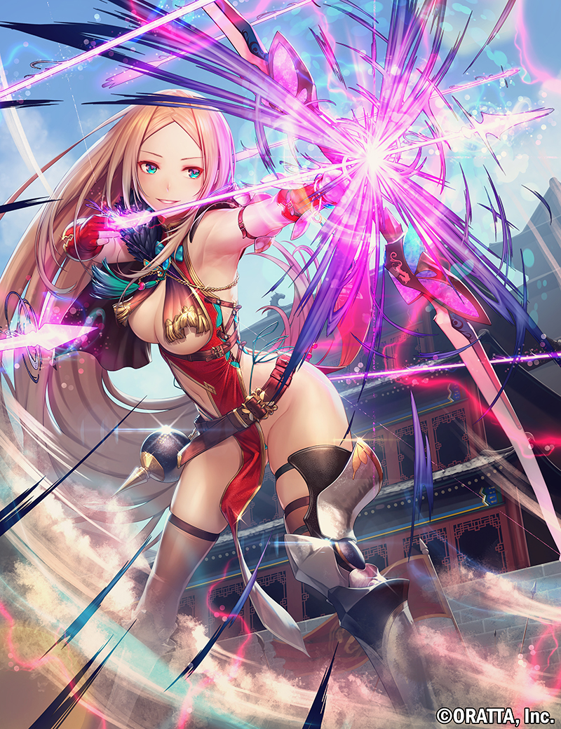 1girl aiming arrow bangs blue_eyes blue_panties blue_sky bow_(weapon) breasts brown_legwear chains chloris_garden day dust energy_weapon glint gloves holding holding_bow_(weapon) holding_weapon leaning_forward legs_apart lens_flare long_hair medium_breasts metal_boots no_bra official_art outdoors panties parted_bangs partly_fingerless_gloves pelvic_curtain red_gloves remana side-tie_panties sky smile solo standing tassel thigh-highs thong underwear very_long_hair watermark weapon