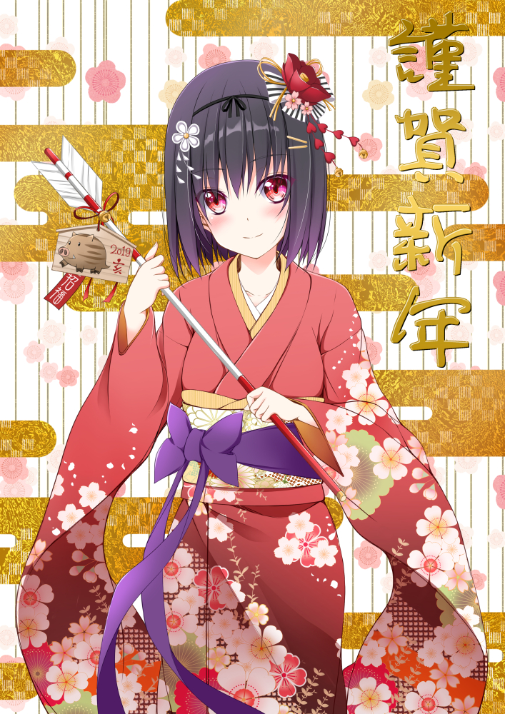 arrow black_hair blush chinese_zodiac flower furisode hair_flower hair_ornament happy_new_year japanese_clothes kimono looking_at_viewer new_year original red_eyes smile tomosuke translated year_of_the_pig