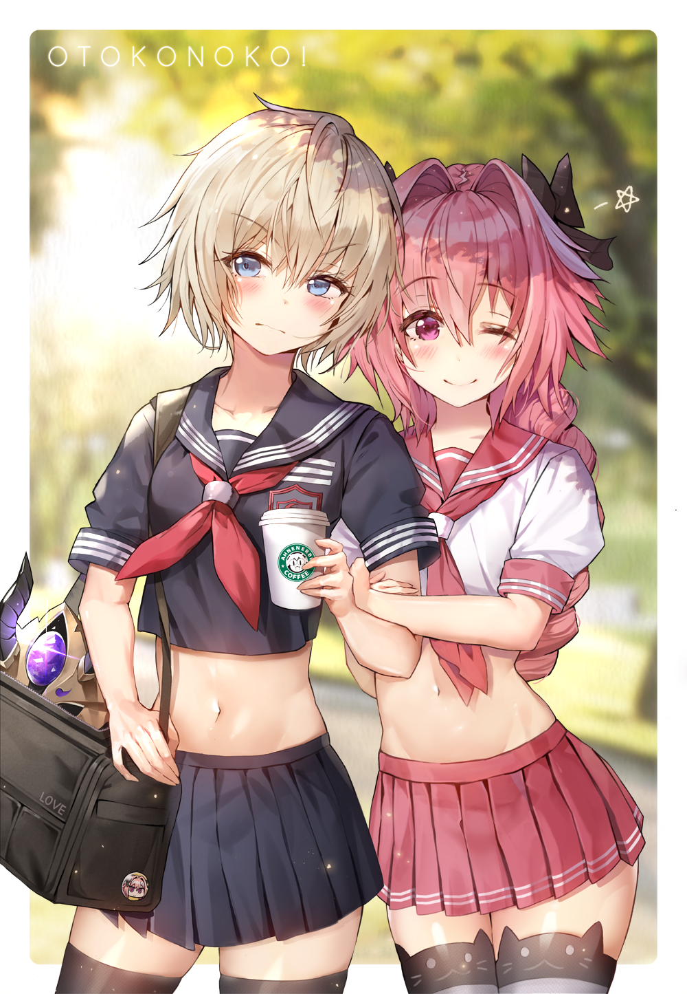 1girl 2boys animal_band_legwear astolfo_(fate) bag bangs black_bow black_legwear black_skirt blonde_hair blue_eyes blush bow braid cat_band_legwear closed_mouth collarbone cup day eto_(nistavilo2) eyebrows_visible_through_hair fate/apocrypha fate/grand_order fate_(series) gao_changgong_(fate) hair_between_eyes hair_bow hair_ribbon highres holding holding_cup long_hair looking_at_viewer midriff multicolored_hair multiple_boys navel neckerchief one_eye_closed outdoors pink_hair pink_skirt pleated_skirt ribbon school_bag school_uniform serafuku short_sleeves single_braid skirt smile thigh-highs trap zettai_ryouiki