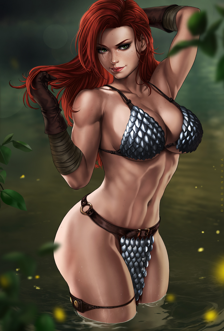 1girl abs adjusting_hair arm_behind_back armor armpits bandage bare_shoulders bikini_armor breasts brown_gloves closed_mouth collarbone commentary dandon_fuga english_commentary freckles gloves green_eyes highres large_breasts leaf long_hair muscle muscular_female navel o-ring partially_submerged pelvic_curtain red_lips red_sonja red_sonja_(comics) redhead smile solo standing thigh_strap thighs water weapon