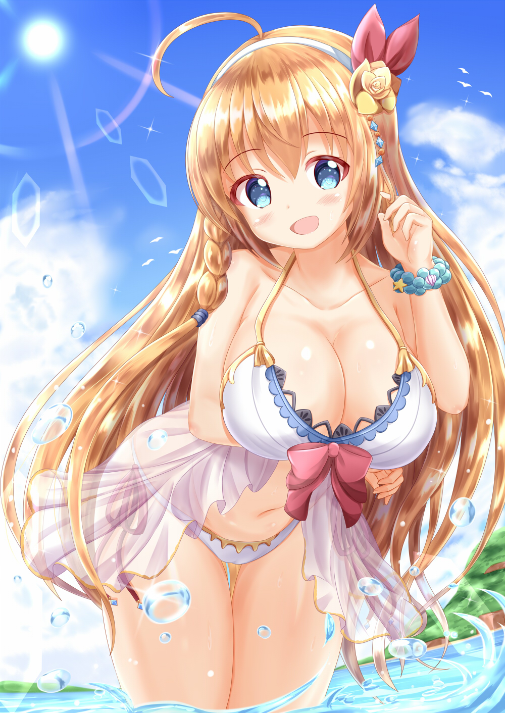 1girl :d ahoge bangs bare_shoulders bikini blue_eyes blue_sky blush bow bracelet braid breasts cleavage clouds cloudy_sky collarbone commentary_request day eyebrows_visible_through_hair flower hair_between_eyes hair_flower hair_ornament hair_ribbon hairband halter_top halterneck head_tilt highres jewelry large_breasts leaning_forward light_brown_hair long_hair looking_at_viewer navel open_mouth outdoors pecorine princess_connect! princess_connect!_re:dive red_bow red_ribbon ribbon rose side_braid single_braid sky smile solo standing sun sunlight swimsuit thigh_gap very_long_hair wading water white_bikini white_hairband yellow_flower yellow_rose zenon_(for_achieve)