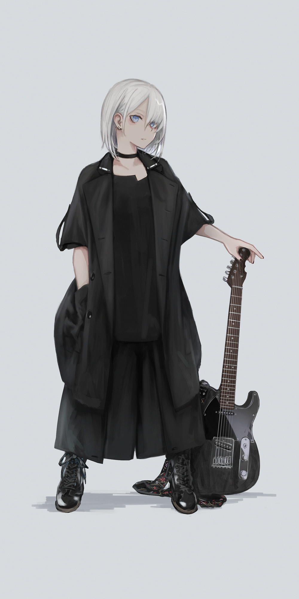1girl black_coat black_footwear black_shirt black_skirt blue_eyes closed_mouth coat cross-laced_footwear earrings electric_guitar grey_background guitar highres instrument jewelry legs_apart looking_at_viewer open_clothes open_coat original pleated_skirt shiroi_suzume shirt short_hair short_sleeves silver_hair simple_background skirt solo