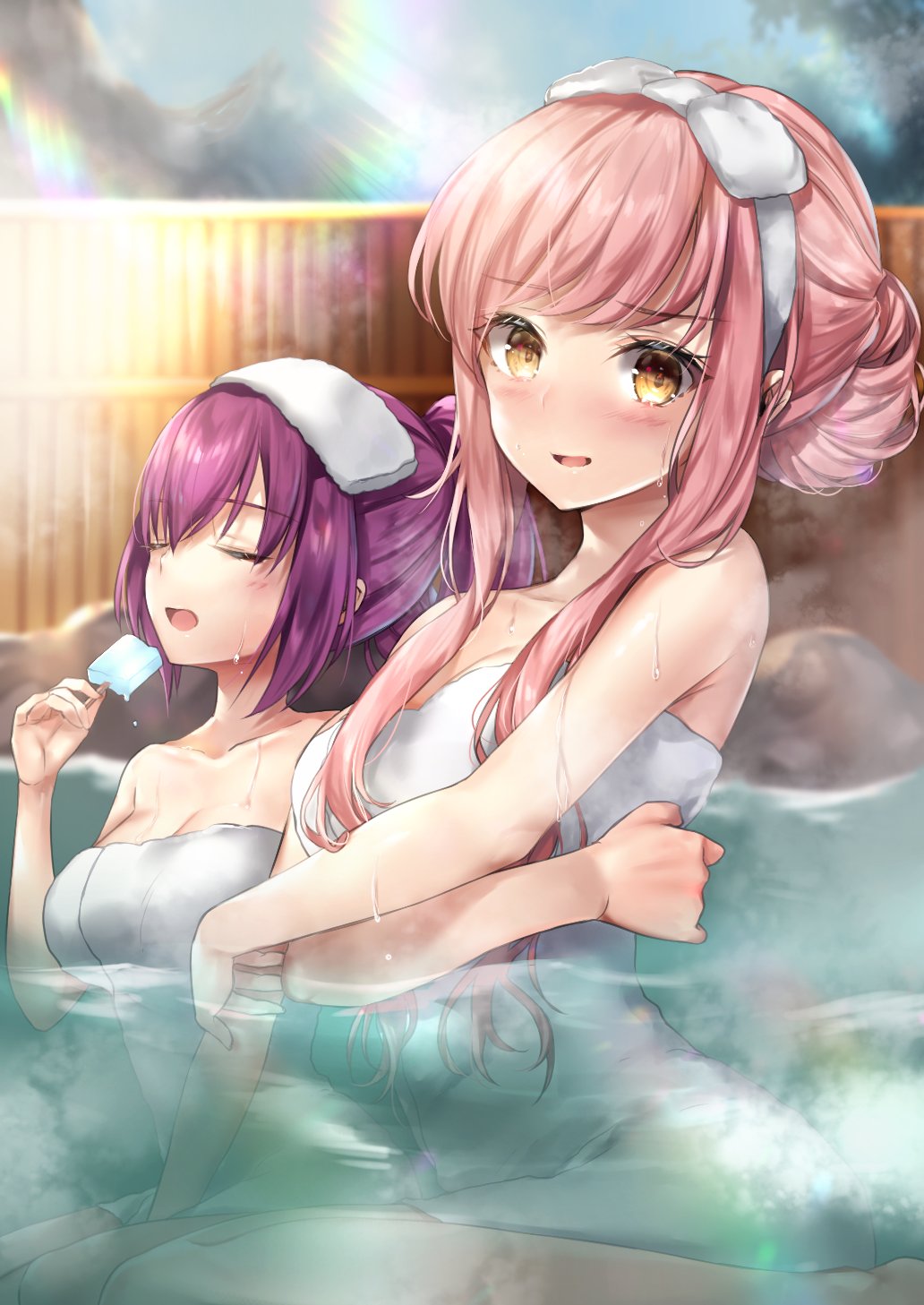 2girls bangs bare_shoulders bathing blunt_bangs blush breasts cleavage closed_eyes collarbone fate/grand_order fate_(series) hair_between_eyes hair_bun hane_yuki highres large_breasts long_hair looking_at_viewer medb_(fate)_(all) medb_(fate/grand_order) medium_breasts multiple_girls naked_towel onsen open_mouth pink_hair ponytail purple_hair scathach_(fate)_(all) scathach_(fate/grand_order) sidelocks smile tied_hair towel towel_on_head water wet yellow_eyes