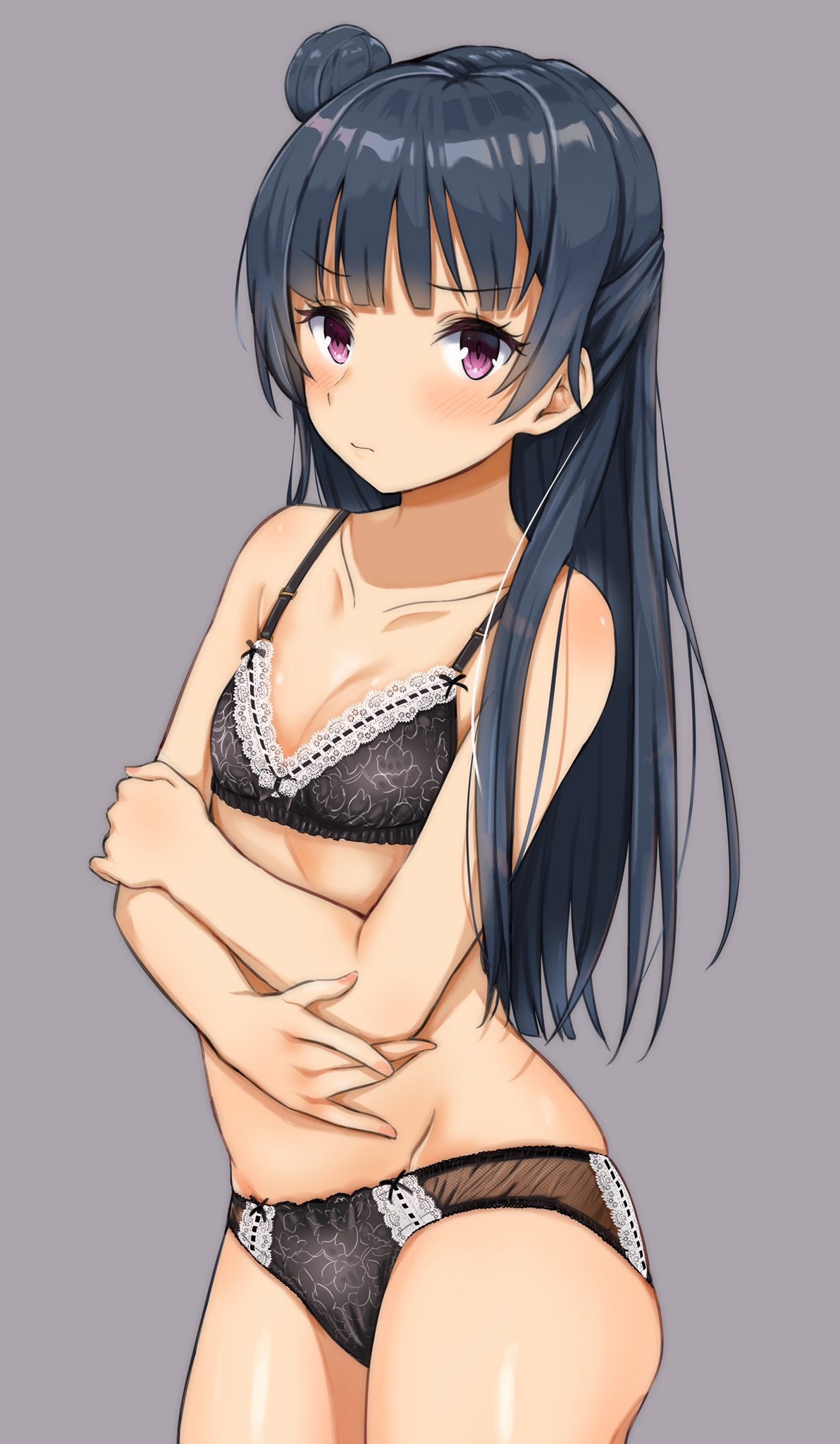 1girl :t bangs bare_arms bare_legs bare_shoulders black_bra black_panties blue_background blush bow bow_bra bow_panties bra breasts cleavage collarbone dark_blue_hair eyebrows_visible_through_hair floral_print groin hair_bun highres hip_bones hips kitaku_jikan_(ktk_jkn) lace lace-trimmed_bra lace-trimmed_panties lingerie long_hair looking_at_viewer love_live! love_live!_sunshine!! panties see-through sidelocks simple_background small_breasts solo sweat tsushima_yoshiko underwear violet_eyes