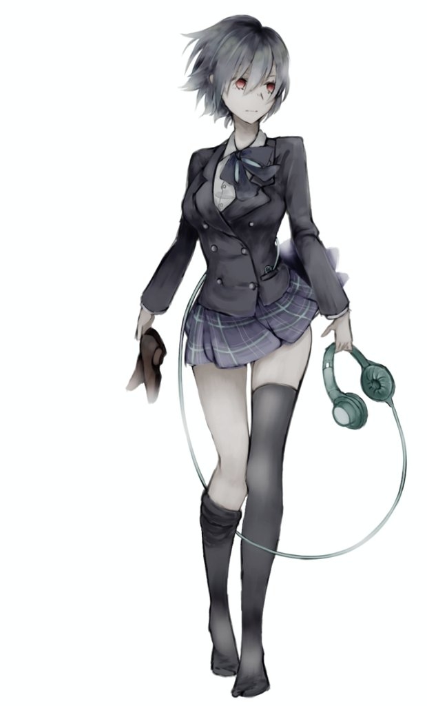 1girl alice_(sinoalice) asymmetrical_legwear blue_hair contemporary empty_eyes full_body headphones holding holding_shoes looking_to_the_side pistole red_eyes ribbon school_uniform shoes shoes_removed short_hair sinoalice skirt socks solo thigh-highs white_background