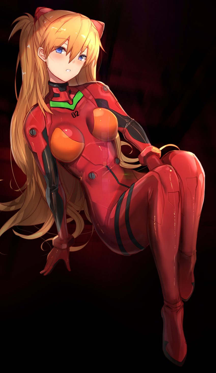 1girl black_background blue_eyes bodysuit bracer commentary eyebrows_visible_through_hair hair_between_eyes hair_ornament hairclip highres long_hair multicolored multicolored_bodysuit multicolored_clothes neon_genesis_evangelion number orange_bodysuit orange_hair plugsuit red_bodysuit redhead sitting skinny solo souryuu_asuka_langley twintails untsue