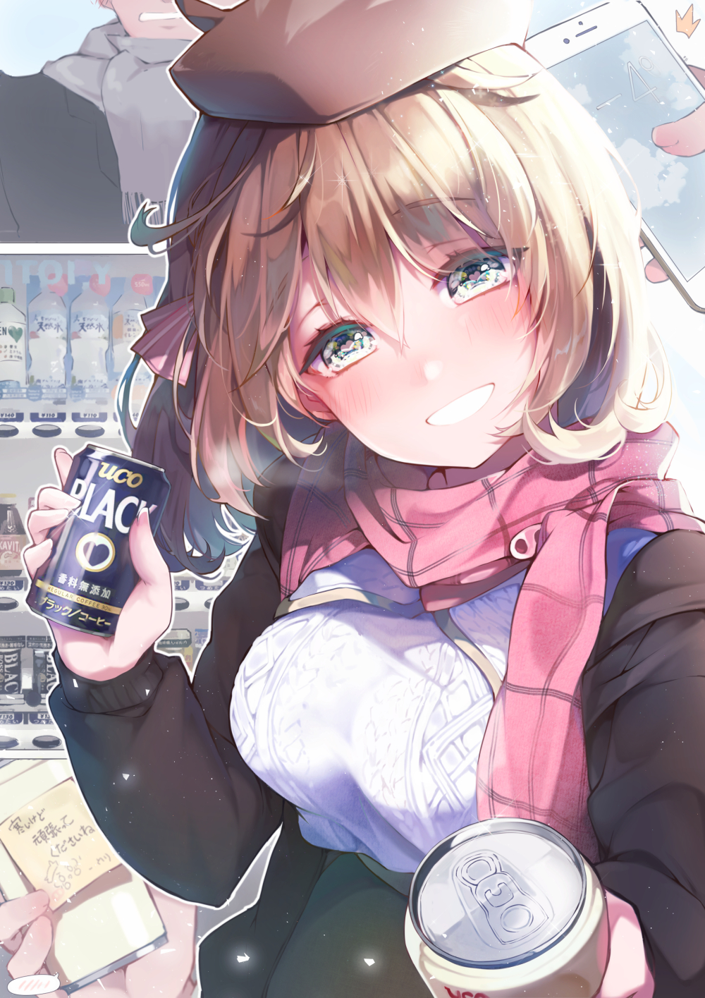 1girl blush breasts brown_hair can canned_coffee cellphone coffee drink green_eyes heart highres holding holding_can kanola_u looking_at_viewer medium_breasts original phone scarf smartphone smile solo symbol-shaped_pupils