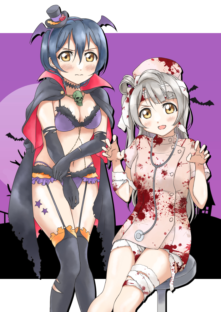 2girls bandage bangs bat_wings black_legwear blood blue_hair blush breasts cape choker closed_mouth commentary_request covering embarrassed eyebrows_visible_through_hair fur_trim gloves grey_hair hair_between_eyes halloween hat long_hair looking_at_viewer love_live! love_live!_school_idol_project minami_kotori mini_hat multiple_girls navel nurse nurse_cap one_side_up open_mouth sitting skull smile sonoda_umi standing star stethoscope tetopetesone thigh-highs torn_clothes torn_gloves torn_legwear wings yellow_eyes