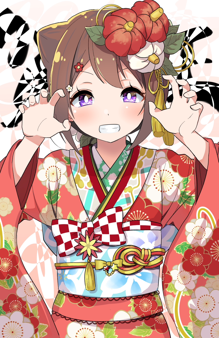 1girl bang_dream! bangs brown_hair claw_pose commentary_request eyebrows_visible_through_hair fingernails floral_print flower furisode grin hair_flower hair_ornament hands_up highres japanese_clothes kimono obi print_kimono red_flower red_kimono sash shipii_(jigglypuff) smile solo toyama_kasumi violet_eyes white_flower