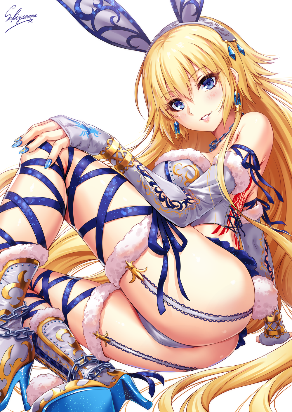 1girl animal_ears ass back_tattoo bangs bare_shoulders blonde_hair blue_eyes blue_nails blue_ribbon blush boots bracelet breasts bridal_gauntlets chains commentary_request crop_top earrings fate/apocrypha fate_(series) fur_trim garter_straps grey_panties hair_between_eyes headpiece high_heel_boots high_heels highres hips jeanne_d'arc_(fate) jeanne_d'arc_(fate)_(all) jewelry knee_boots large_breasts long_hair looking_at_viewer nail_polish necklace panties parted_lips rabbit_ears ribbon sakiyamama signature simple_background smile solo sparkle tattoo thighs underwear very_long_hair white_background