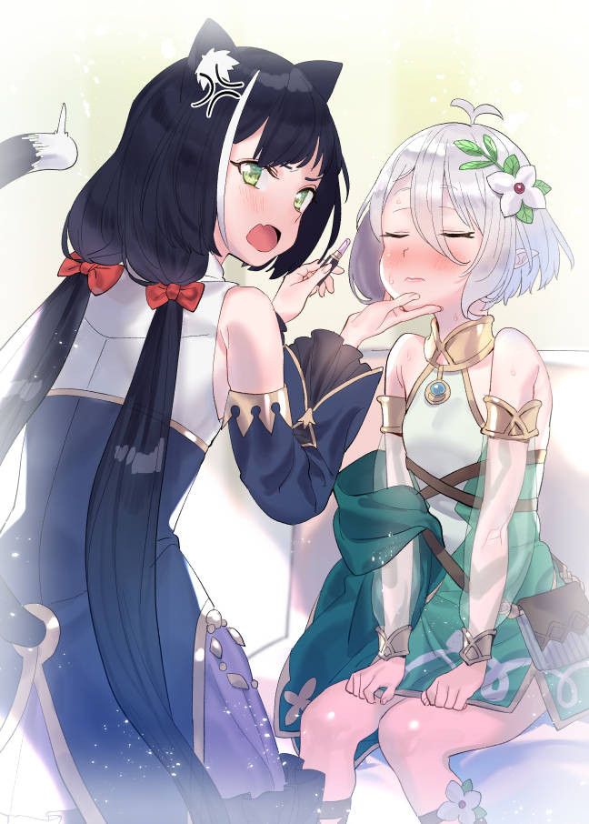 2girls anger_vein animal_ears back bare_shoulders black_hair blush breasts cat_ears cat_tail closed_eyes detached_sleeves flower green_eyes hair_flower hair_ornament kokkoro_(princess_connect!) kyaru_(princess_connect) lipstick_tube long_hair looking_at_viewer low_twintails multiple_girls princess_connect!_re:dive silver_hair sitting small_breasts subachi sweat tail twintails very_long_hair white_hair