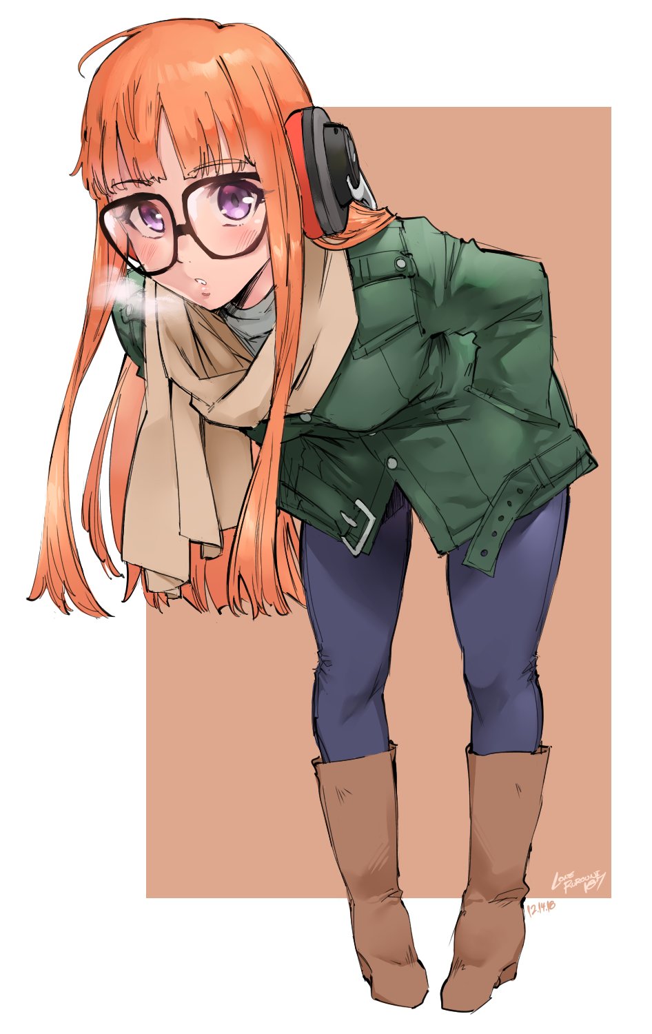 1girl boots breasts breath brown_footwear denim glasses green_jacket grey_shirt headphones highres jacket jeans kenshin187 long_hair looking_at_viewer orange_hair pants persona persona_5 sakura_futaba shirt solo violet_eyes