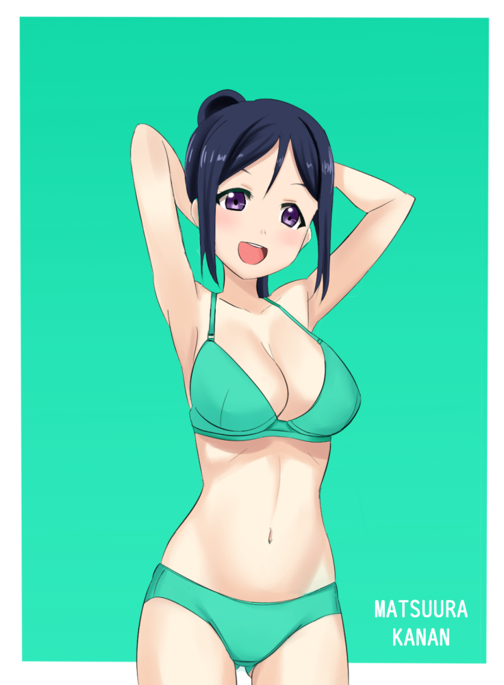 1girl :d armpits arms_behind_head arms_up ass_visible_through_thighs bangs blue_hair bra breasts character_name cleavage cowboy_shot green_background green_bra green_panties head_tilt kuro_ikusanin large_breasts long_hair looking_at_viewer love_live! love_live!_sunshine!! matsuura_kanan medium_breasts navel open_mouth outside_border panties ponytail smile solo standing swept_bangs thighs underwear underwear_only violet_eyes