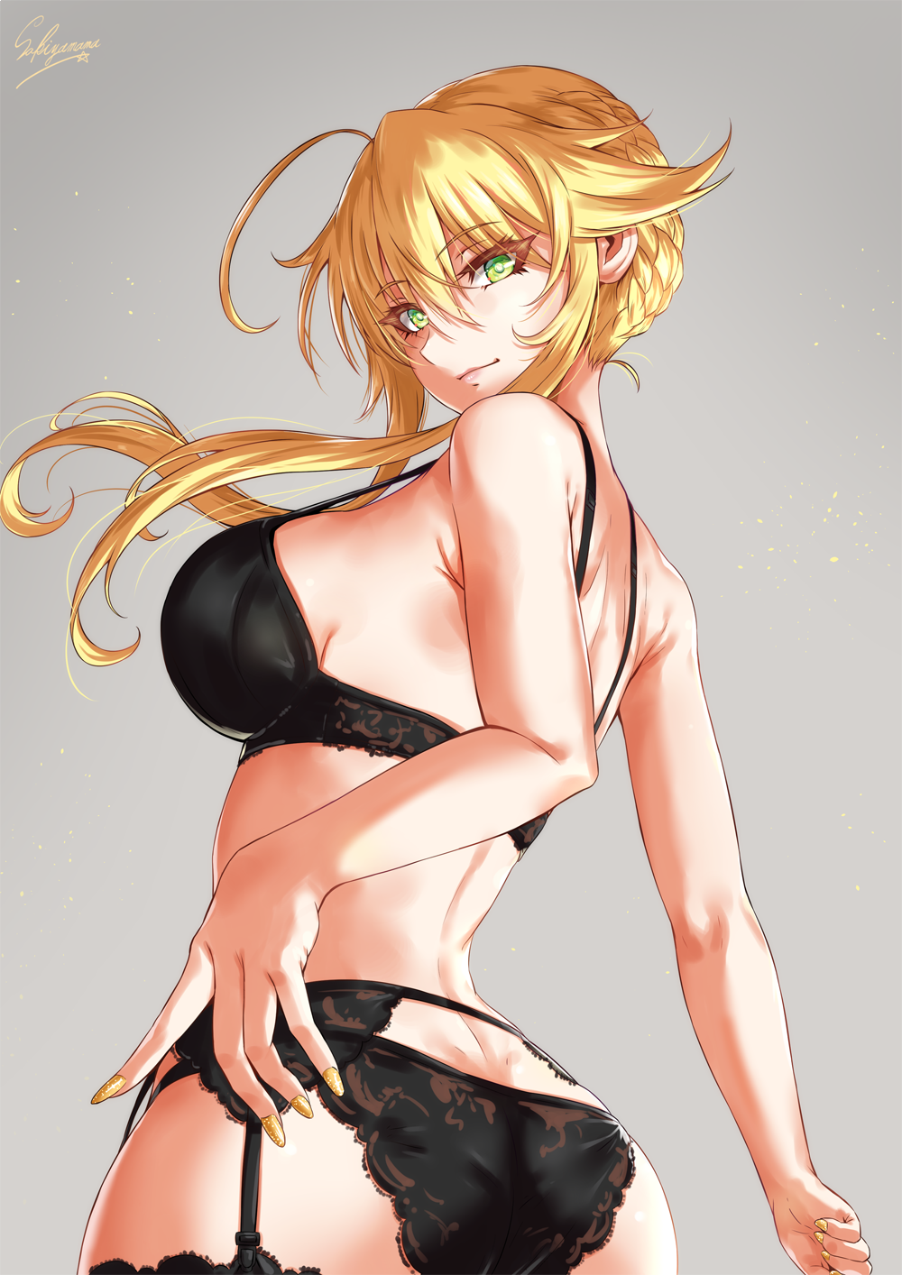 1girl ahoge artoria_pendragon_(all) artoria_pendragon_(lancer) ass back bangs bare_shoulders black_bra black_panties blonde_hair blush bra braid breasts closed_mouth eyelashes fate/grand_order fate_(series) french_braid garter_belt green_eyes grey_background hair_between_eyes highres hips lace lace-trimmed_panties large_breasts long_hair looking_at_viewer looking_back nail_polish panties sakiyamama sidelocks signature simple_background smile solo underwear yellow_nails