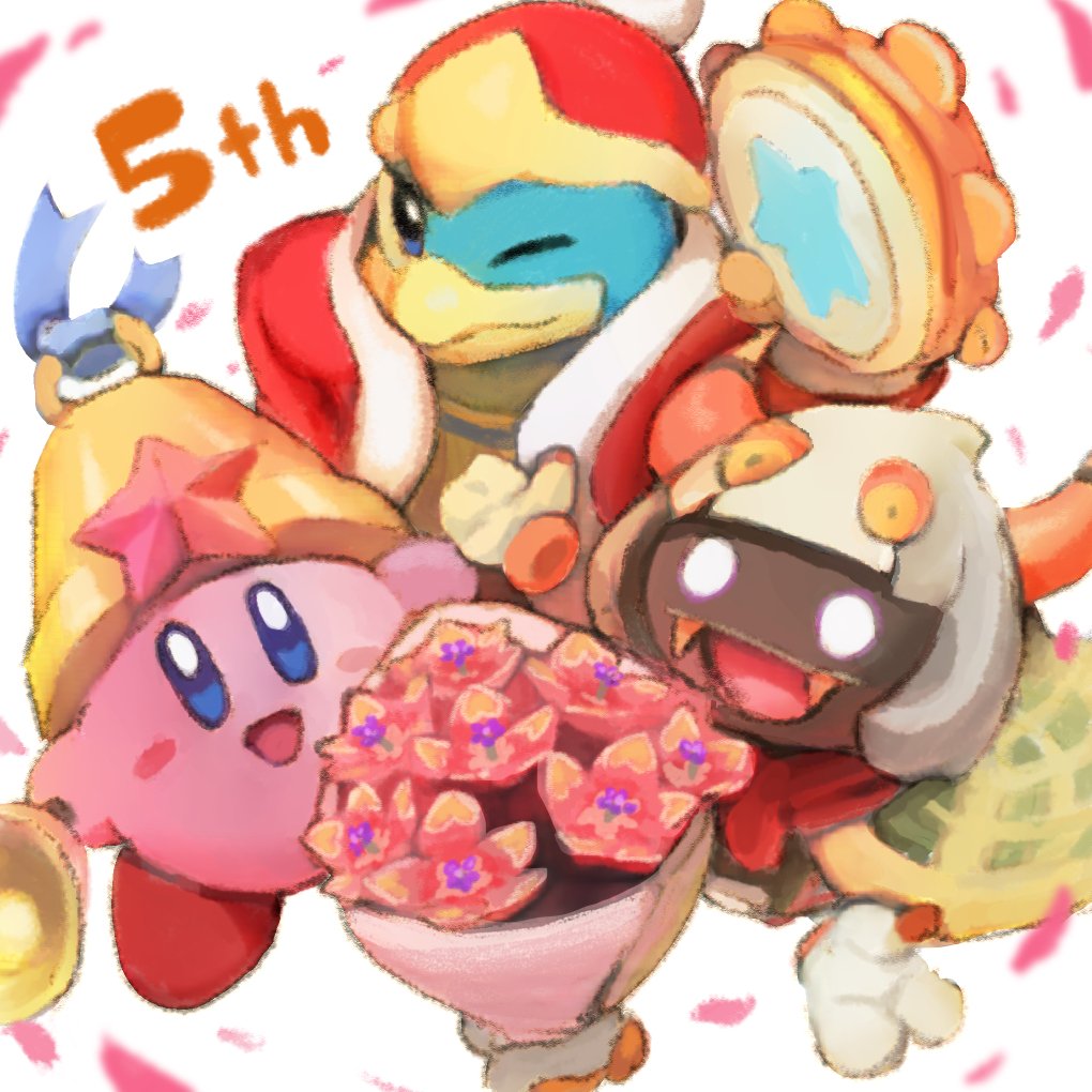 2boys 5 anniversary bell blue_eyes blush_stickers cape closed commentary_request copy_ability disembodied_limb extra_eyes extra_hands fangs flower glowing glowing_eyes horns instrument king_dedede kirby kirby:_triple_deluxe kirby_(series) multiple_boys nintendo no_arms no_humans number official_art one_eye_closed petals red_neckwear robe scarf simple_background star tambourine taranza white_background white_eyes white_hair yellow_eyes