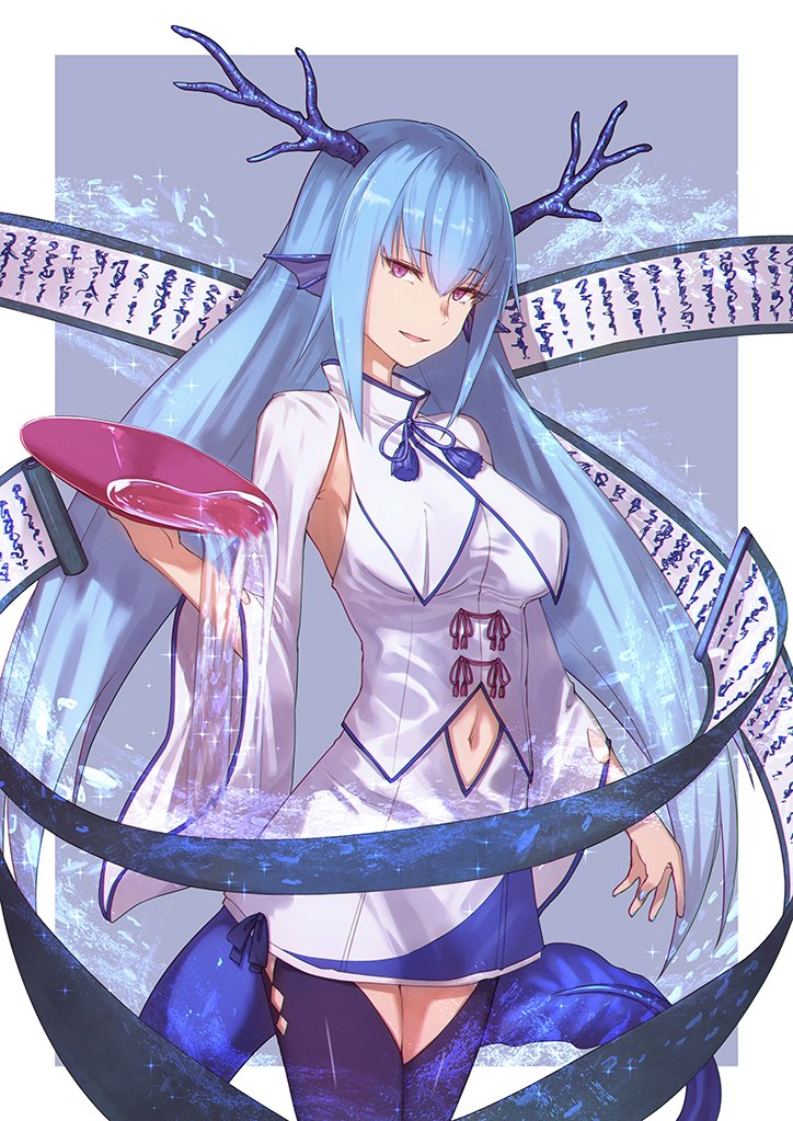 1girl alcohol antlers armpits bangs black_legwear blue_background blue_hair blue_nails border breasts commentary_request cowboy_shot cup eyebrows_visible_through_hair hair_between_eyes hand_up head_fins holding holding_cup ibuki_notsu long_hair long_sleeves looking_at_viewer medium_breasts nail_polish navel navel_cutout original outside_border parted_lips pouring sakazuki sake scroll shirt simple_background skirt skirt_set smile solo standing tail thighs very_long_hair violet_eyes white_border white_shirt white_skirt wide_sleeves
