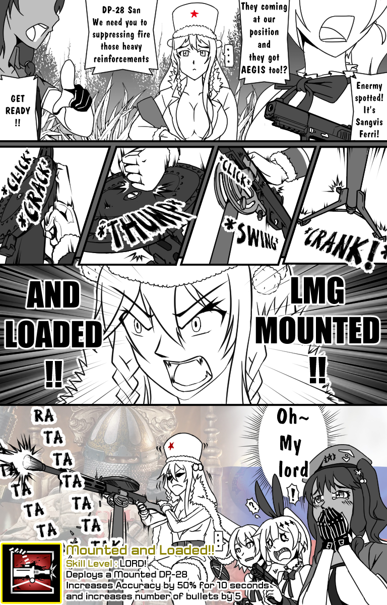! 4girls ? beret black_skin breasts cleavage codename-tc confused crying dp-28 dp28_(girls_frontline) english_text five-seven_(girls_frontline) fur_hat girls_frontline gun handgun hat highres multiple_girls rainbow_six_siege saiga-12_(girls_frontline) sound_effects tachanka_(rainbow_six_siege) ushanka vector_(girls_frontline) weapon