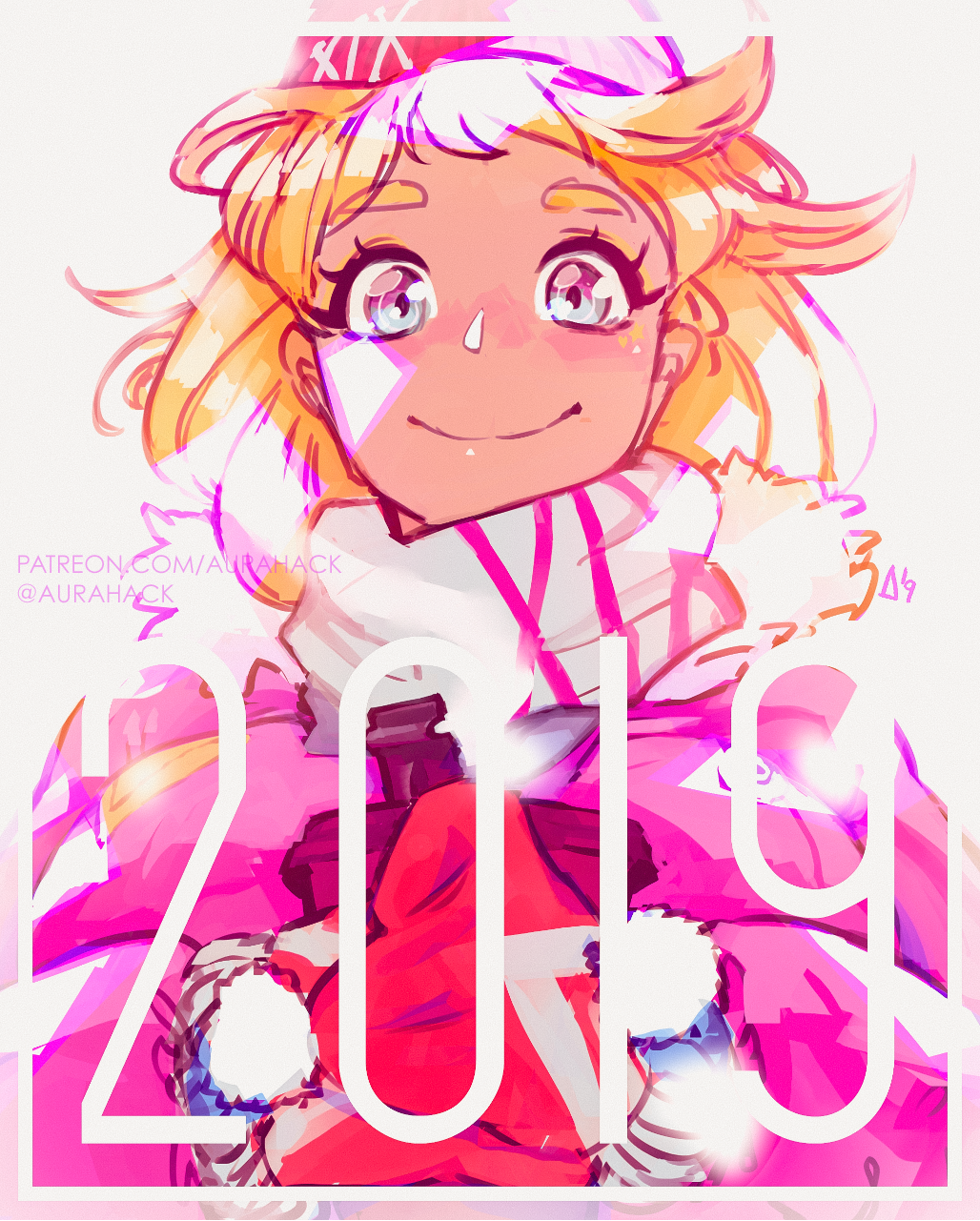 1girl 2019 blonde_hair blue_eyes blush commentary english_commentary erica_june_lahaie happy_new_year highres japanese_clothes kimono lens_flare looking_at_viewer new_year nose_blush original patreon_username short_hair smile solo thick_eyebrows twitter_username weapon