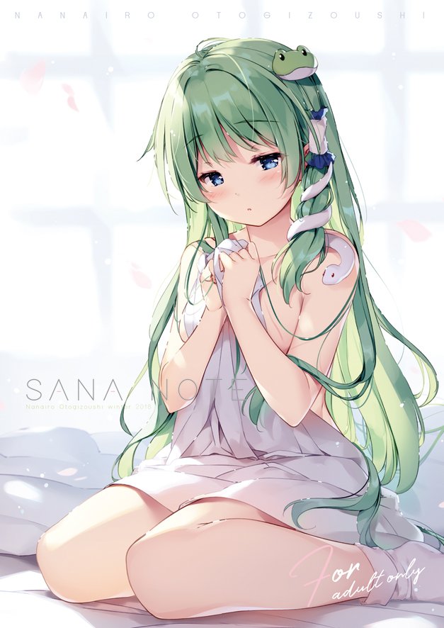 1girl bangs bed_sheet blue_eyes blush breasts cherry_blossoms collarbone commentary_request eyebrows_visible_through_hair feet_out_of_frame frog_hair_ornament green_hair hair_ornament hair_tubes half-closed_eyes hands_up indoors kochiya_sanae long_hair looking_at_viewer medium_breasts miyase_mahiro naked_sheet no_shoes own_hands_together petals single_sidelock sitting snake_hair_ornament socks solo touhou very_long_hair wariza white_legwear window