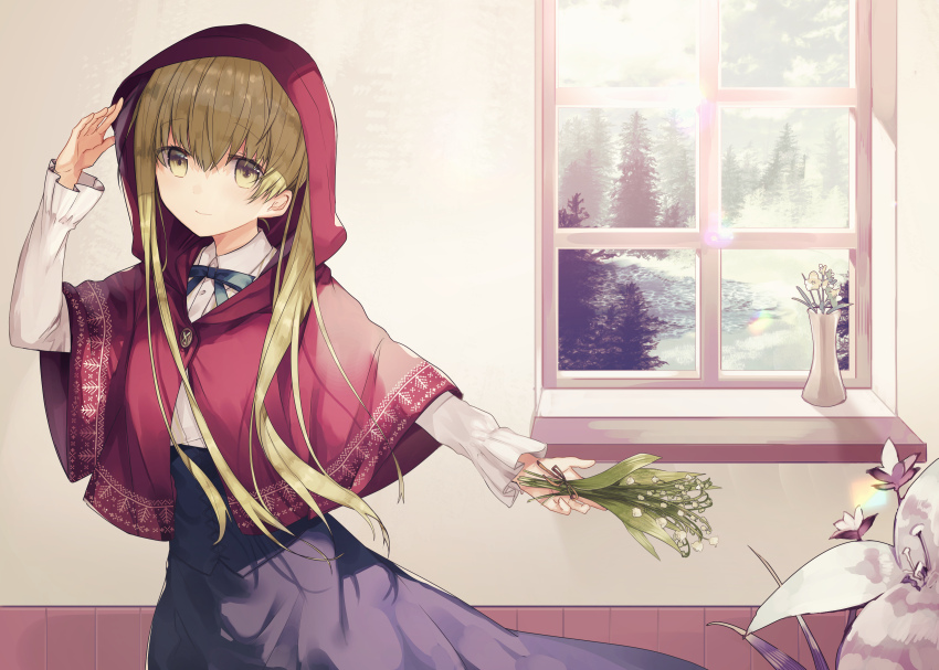 1girl bangs black_skirt blonde_hair blue_neckwear capelet closed_mouth collared_shirt day eyebrows_visible_through_hair flower hair_between_eyes hand_up holding holding_flower hood hooded_capelet indoors kazutake_hazano long_hair long_sleeves looking_at_viewer neck_ribbon outstretched_arm red_capelet ribbon shiro_seijo_to_kuro_bokushi shirt sidelocks skirt smile solo standing tree underbust vase white_flower white_shirt window yellow_eyes