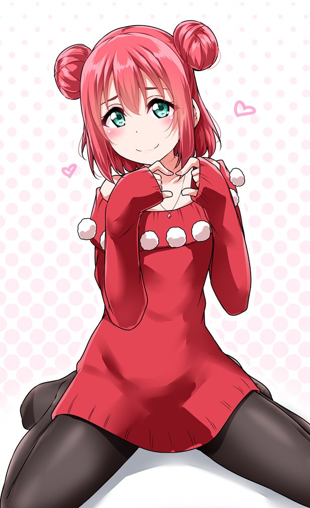 1girl alternate_hairstyle bangs bare_shoulders blush collarbone double_bun dress green_eyes heart jewelry kurosawa_ruby looking_at_viewer love_live! love_live!_sunshine!! necklace no_pants off-shoulder_sweater off_shoulder pantyhose polka_dot polka_dot_background pom_pom_(clothes) red_sweater redhead short_hair sitting smile spread_legs sweater sweater_dress yopparai_oni