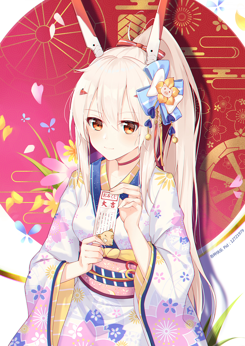 1girl ayanami_(azur_lane) azur_lane bangs blue_bow bow breasts brown_eyes chinese_zodiac closed_mouth commentary_request egasumi eyebrows_visible_through_hair floral_print flower furisode ge_zhong_kuaile hair_between_eyes hair_bow happy_new_year headgear high_ponytail highres holding japanese_clothes kimono long_hair long_sleeves nengajou new_year obi omikuji pink_background pink_flower pixiv_id ponytail print_kimono red_bow sash sidelocks small_breasts smile solo striped striped_bow translated two-tone_background very_long_hair white_background white_kimono wide_sleeves year_of_the_pig yellow_flower