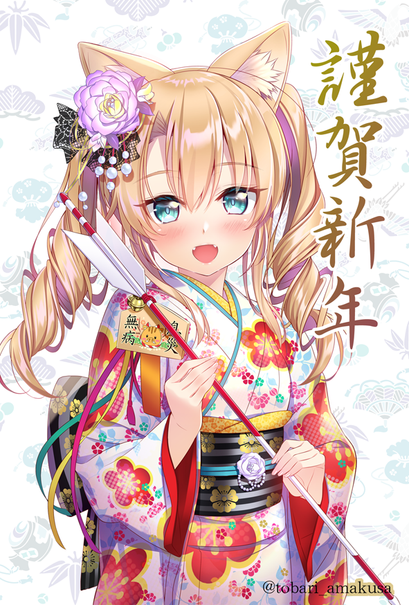 1girl :d amakusa_tobari animal_ear_fluff animal_ears aqua_eyes arrow bangs bell blush boar brown_hair cat_ears chinese_zodiac commentary_request curly_hair ema eyebrows_visible_through_hair fangs floral_print flower furisode hair_between_eyes hair_flower hair_ornament hamaya happy_new_year head_tilt holding japanese_clothes jingle_bell kanzashi kimono long_hair long_sleeves looking_at_viewer new_year obi open_mouth original print_kimono purple_flower sash smile solo standing translated twintails twitter_username upper_body white_kimono wide_sleeves year_of_the_pig