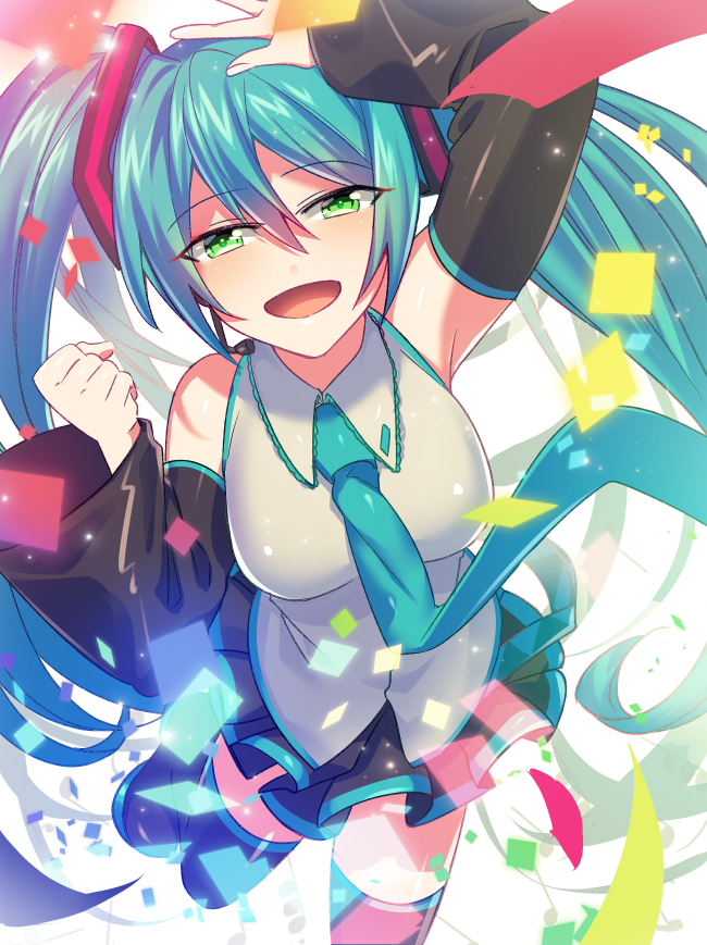 1girl :d absurdly_long_hair arm_up black_footwear black_skirt black_sleeves blue_hair blue_neckwear boots detached_sleeves dress eyebrows_visible_through_hair floating_hair green_eyes grey_dress hair_between_eyes hatsune_miku leg_up long_hair long_sleeves looking_at_viewer microphone miniskirt necktie open_mouth pleated_skirt shiny shiny_hair skirt slee sleeveless sleeveless_dress smile solo standing standing_on_one_leg thigh-highs thigh_boots twintails very_long_hair vocaloid zettai_ryouiki