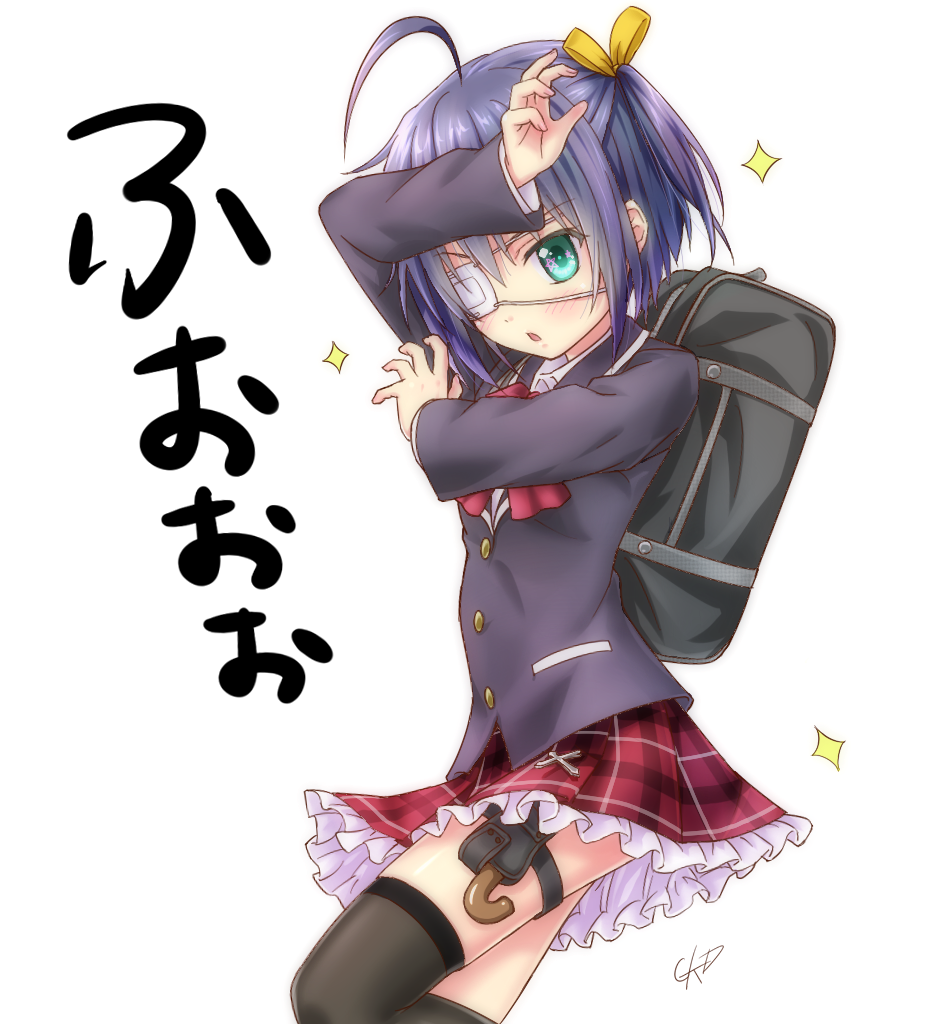 1girl ahoge arm_up bag black_bag black_jacket black_legwear blue_eyes blush chuunibyou_demo_koi_ga_shitai! commentary_request eyebrows_visible_through_hair eyepatch feet_out_of_frame gotou_hisashi hair_ornament hair_ribbon jacket looking_at_viewer one_eye_covered one_side_up open_mouth plaid plaid_skirt purple_hair red_ribbon ribbon school_bag school_uniform short_hair signature simple_background skirt solo star takanashi_rikka thigh-highs translation_request umbrella white_background yellow_ribbon
