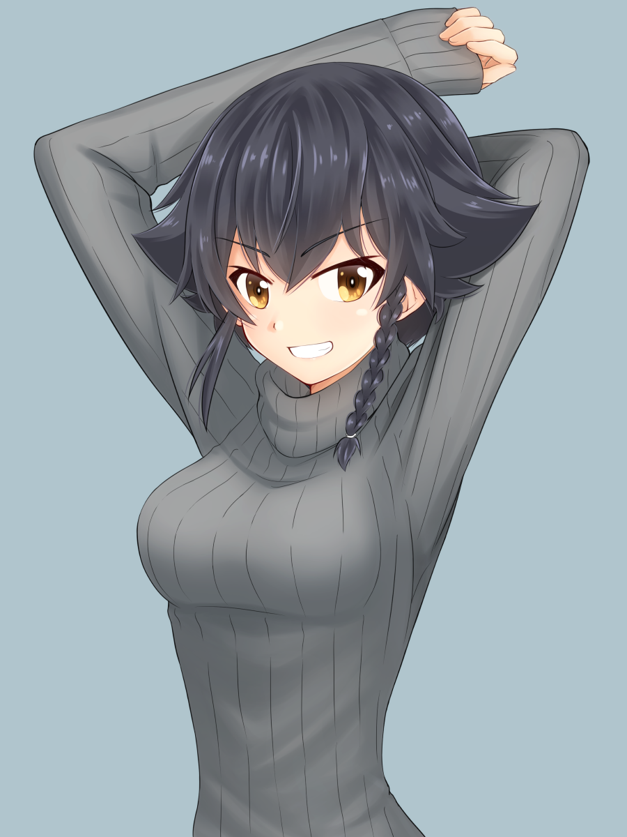 1girl arms_behind_back bangs black_hair braid breasts brown_eyes casual commentary eyebrows_visible_through_hair girls_und_panzer grey_background grey_sweater grin hair_tie highres looking_at_viewer medium_breasts pepperoni_(girls_und_panzer) ribbed_sweater ruka_(piyopiyopu) short_hair side_braid simple_background smile solo sweater turtleneck turtleneck_sweater upper_body