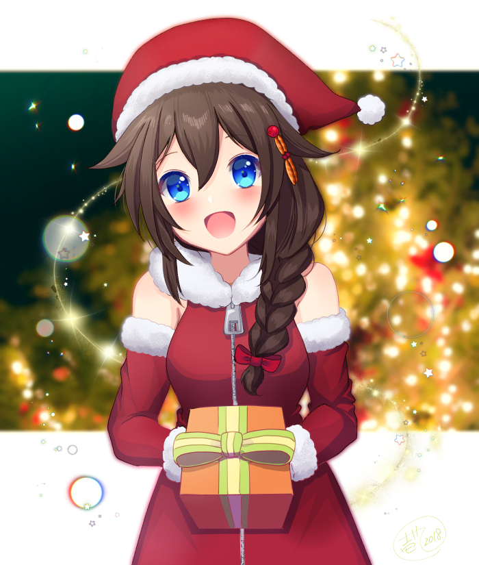 1girl :d alternate_costume blue_eyes blurry blurry_background blush box braid brown_hair christmas_tree detached_sleeves dress fur-trimmed_dress fur-trimmed_hat fur-trimmed_sleeves fur_trim gift gift_box hair_flaps hair_ornament hair_over_shoulder hair_ribbon hat holding holding_gift ittokyu kantai_collection long_hair looking_at_viewer open_mouth red_dress red_hat red_ribbon red_sleeves remodel_(kantai_collection) ribbon santa_costume santa_hat shigure_(kantai_collection) single_braid sleeveless sleeveless_dress smile solo zipper
