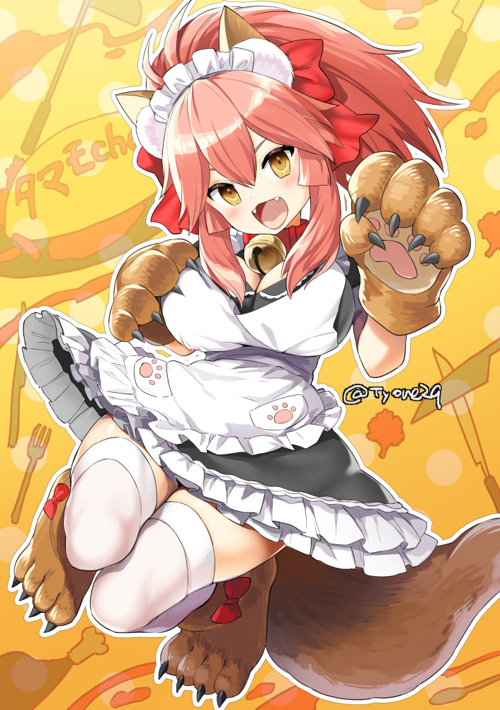 1girl alternate_costume animal_ear_fluff animal_ears apron bell bell_collar blush breasts cat_hair_ornament cat_paws cleavage collar enmaided fangs fate/extra fate/grand_order fate_(series) fox_ears fox_tail gloves hair_ornament hair_ribbon jingle_bell large_breasts long_hair looking_at_viewer maid maid_apron maid_headdress open_mouth paw_gloves paw_shoes paws pink_hair ponytail red_ribbon ribbon shoes solo tail tamamo_(fate)_(all) tamamo_cat_(fate) thigh-highs tyone waist_apron white_legwear yellow_eyes