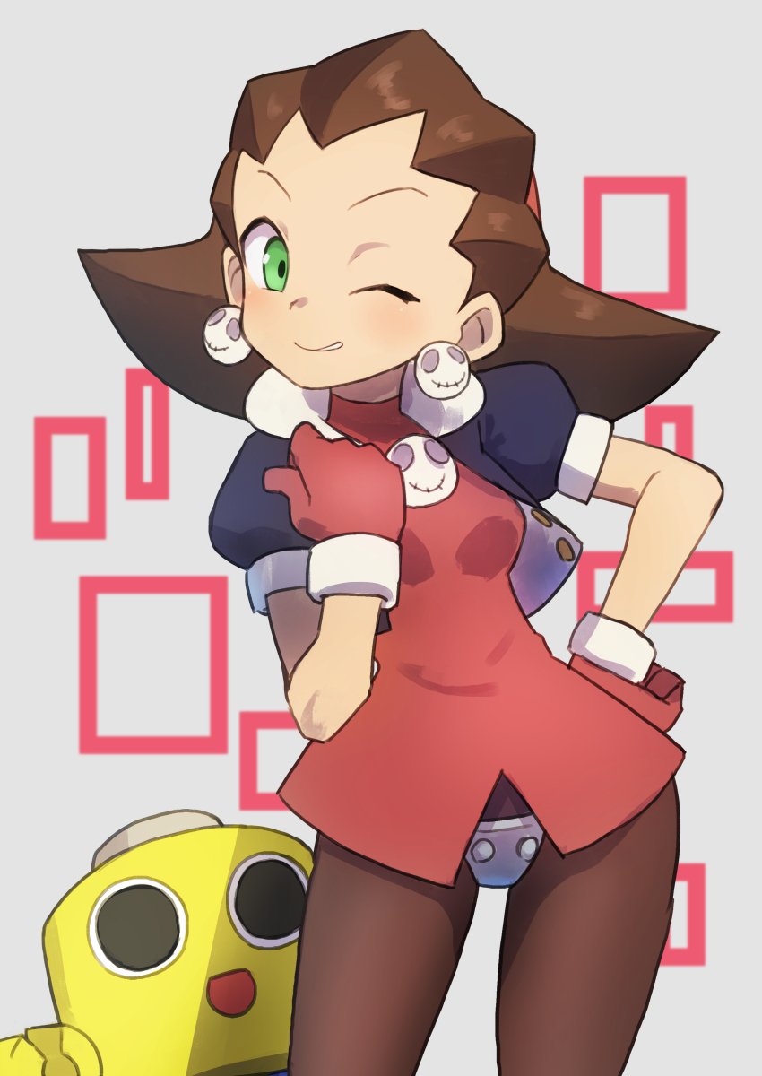 1girl brown_hair capcom crotch_plate earrings gazacy_(dai) green_eyes hair_pulled_back hairband highres jewelry kobun looking_at_viewer marvel_vs._capcom one_eye_closed open_mouth pink_hairband robot rockman rockman_dash short_hair simple_background skull smile solo tron_bonne