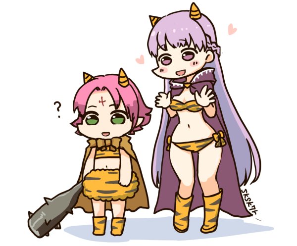 2girls alternate_costume animal_print cape club fa facial_mark fake_horns fire_emblem fire_emblem:_fuuin_no_tsurugi fire_emblem_heroes forehead_mark green_eyes holding kanabou long_hair mamkute multiple_girls nintendo oni_costume oni_horns open_mouth pointy_ears purple_hair short_hair simple_background sksk7r sofiya spiked_club standing tiger_print violet_eyes weapon white_background