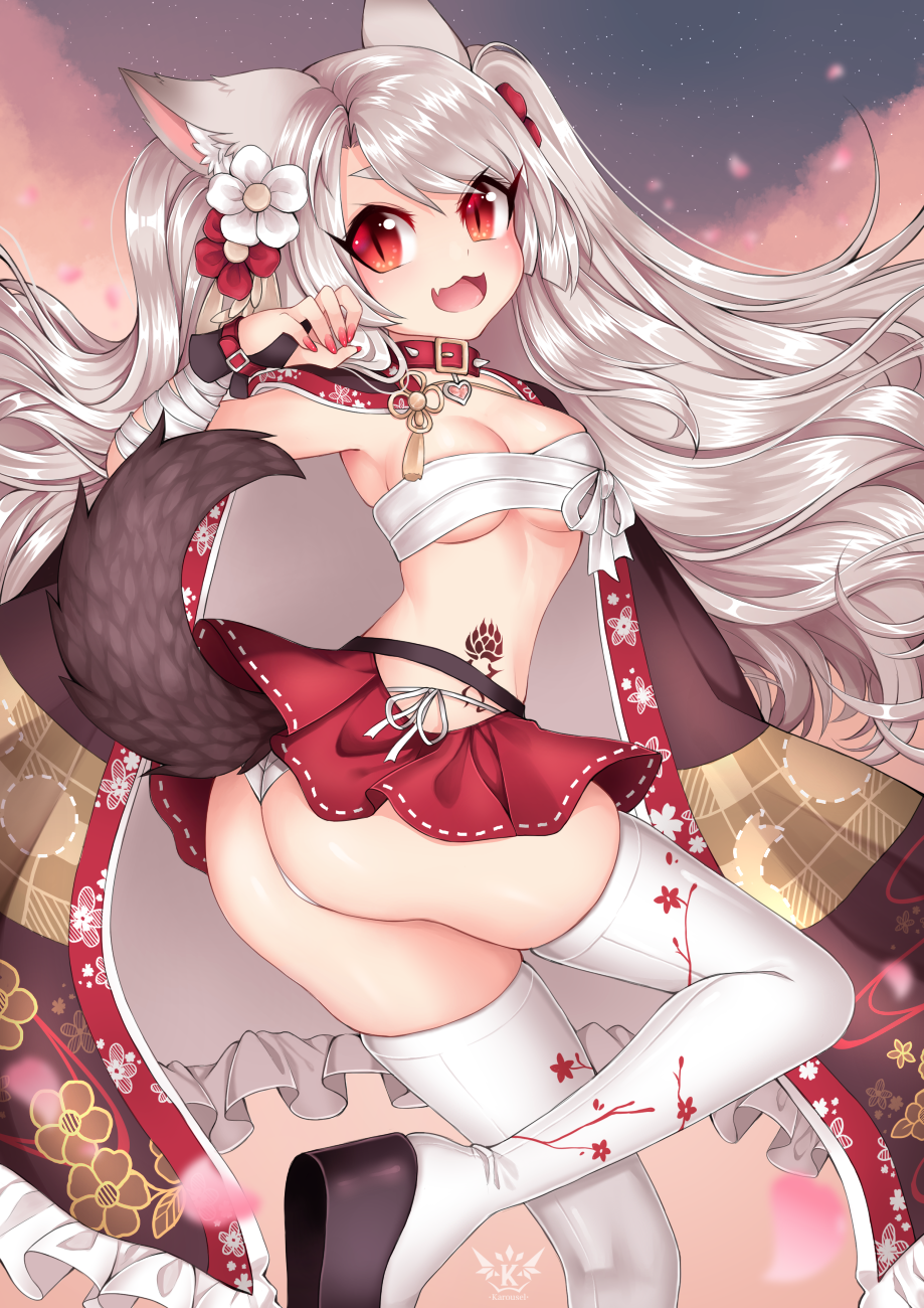 1girl animal_ears ass azur_lane bandage belt breasts buckle claw_pose collar collarbone fang fingerless_gloves gloves highres long_hair looking_at_viewer medium_breasts midriff nail_polish open_mouth panties pleated_skirt red_belt red_eyes red_nails sarashi short_eyebrows silver_hair skirt slit_pupils smile solo spiked_collar spikes tail tattoo thick_eyebrows thigh-highs underwear wolf_ears wolf_tail yuudachi_(azur_lane)