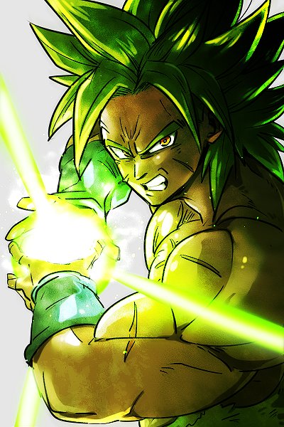 1boy annoyed attack attacking_viewer broly_(dragon_ball_super) clenched_teeth close-up dragon_ball dragon_ball_super_broly energy_ball frown green_hair grey_background male_focus muscle orange_eyes scar shirtless short_hair simple_background spiky_hair st62svnexilf2p9 super_saiyan teeth upper_body wristband