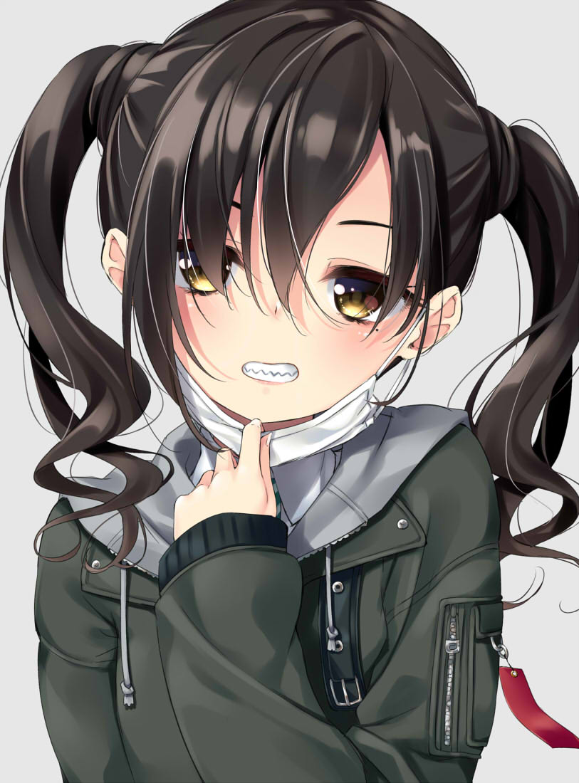 1girl bangs black_jacket brown_hair chiyonekoko drawstring grey_background grin hair_between_eyes hair_over_one_eye hand_up head_tilt hood hood_down hooded_jacket idolmaster idolmaster_cinderella_girls jacket long_hair long_sleeves looking_at_viewer mask_pull mole mole_under_eye sharp_teeth simple_background sleeves_past_wrists smile solo sunazuka_akira surgical_mask teeth twintails upper_body wavy_hair yellow_eyes