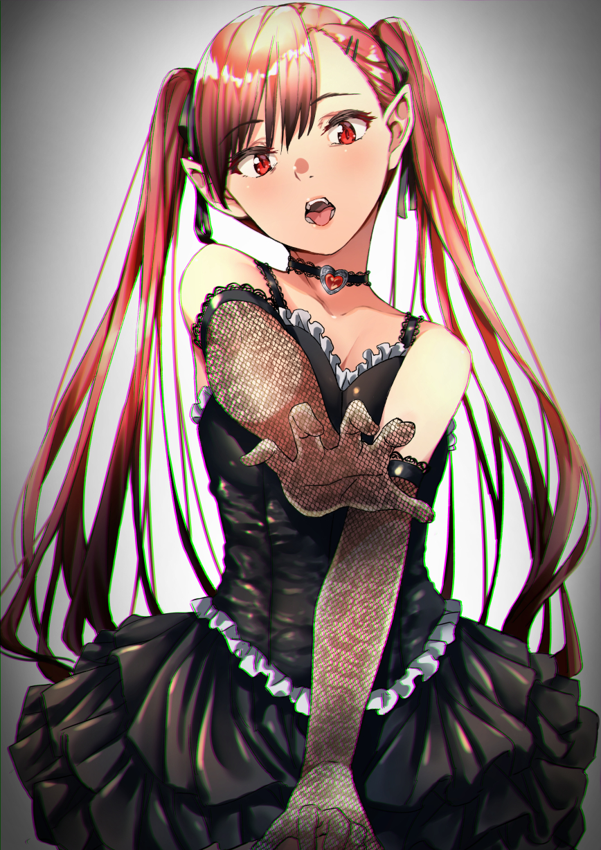 1girl bangs bare_shoulders black_dress black_gloves black_ribbon blush breasts choker collarbone dress elbow_gloves eyebrows_visible_through_hair gloves gradient gradient_background hair_ornament hairclip hand_up highres lace lace_gloves long_hair looking_at_viewer medium_breasts open_mouth original pointy_ears red_eyes redhead redlammy ribbon ruby_(gemstone) sidelocks simple_background solo tongue tongue_out twintails very_long_hair