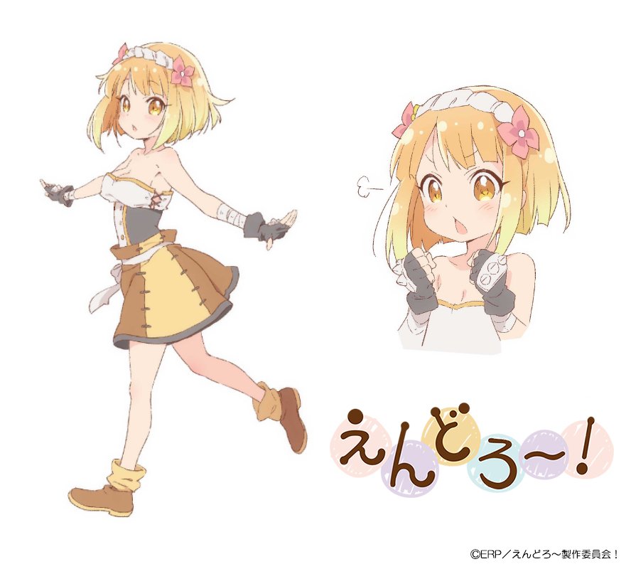 1girl baggy_shorts bandage bandaged_arm bandages bare_legs bare_shoulders black_gloves black_tubetop blonde_hair blush body_blush breasts brown_footwear brown_shorts character_sheet chestnut_mouth cleavage clenched_hands collarbone commentary_request company_name endro! eyebrows_visible_through_hair fai_fai fingerless_gloves flower flower_request gloves hair_flower hair_ornament iizuka_haruko large_breasts logo looking_at_viewer multicolored multicolored_clothes multicolored_footwear multicolored_shorts official_art open_hands orange_eyes outstretched_arms red_flower running shiny shiny_hair shoes short_hair shorts simple_background spread_arms strapless tongue tubetop watermark white_background white_hair white_tubetop yellow_footwear yellow_shorts