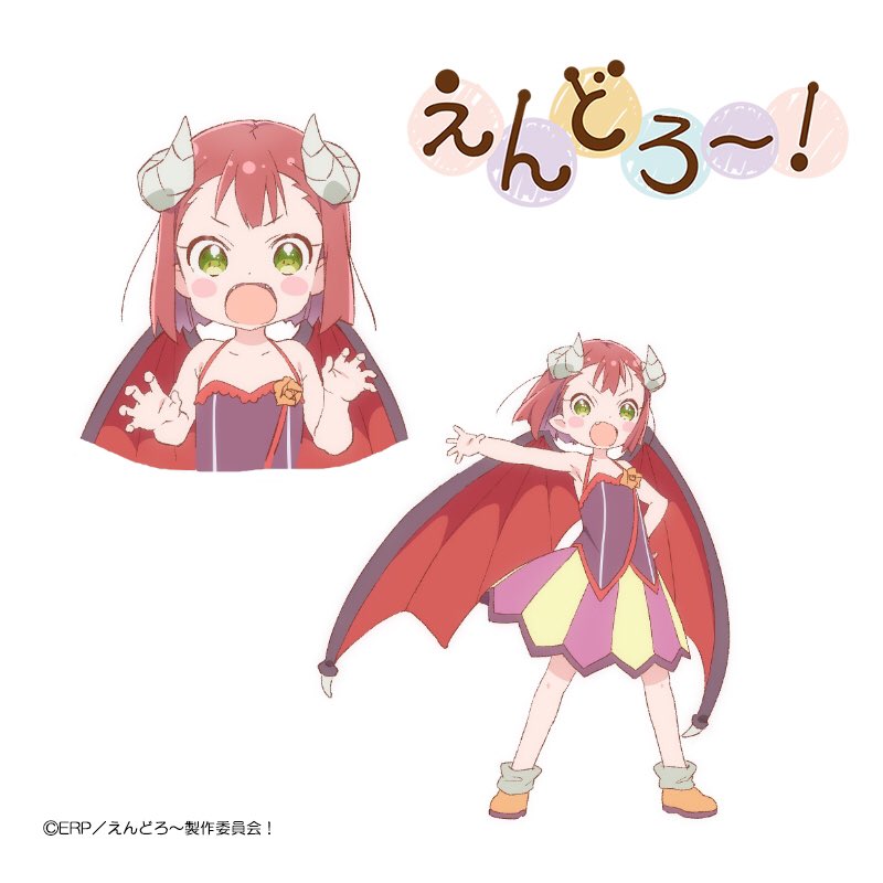 1girl :o armpits bare_shoulders blush_stickers brown_footwear character_sheet collarbone commentary_request company_name demon_girl demon_horns demon_wings endro! fangs flat_chest flower green_eyes grey_legwear hand_on_hip horns iizuka_haruko legs_apart logo looking_at_viewer mao_(endro!) miniskirt multicolored multicolored_clothes multicolored_shirt multicolored_skirt official_art open_mouth orange_flower pink_skirt pointy_ears print_shirt purple_shirt purple_skirt red_shirt redhead shiny shiny_hair shirt shoes short_hair simple_background skirt sleeveless sleeveless_shirt socks spaghetti_strap standing tongue v-shaped_eyebrows watermark white_background wings yellow_skirt
