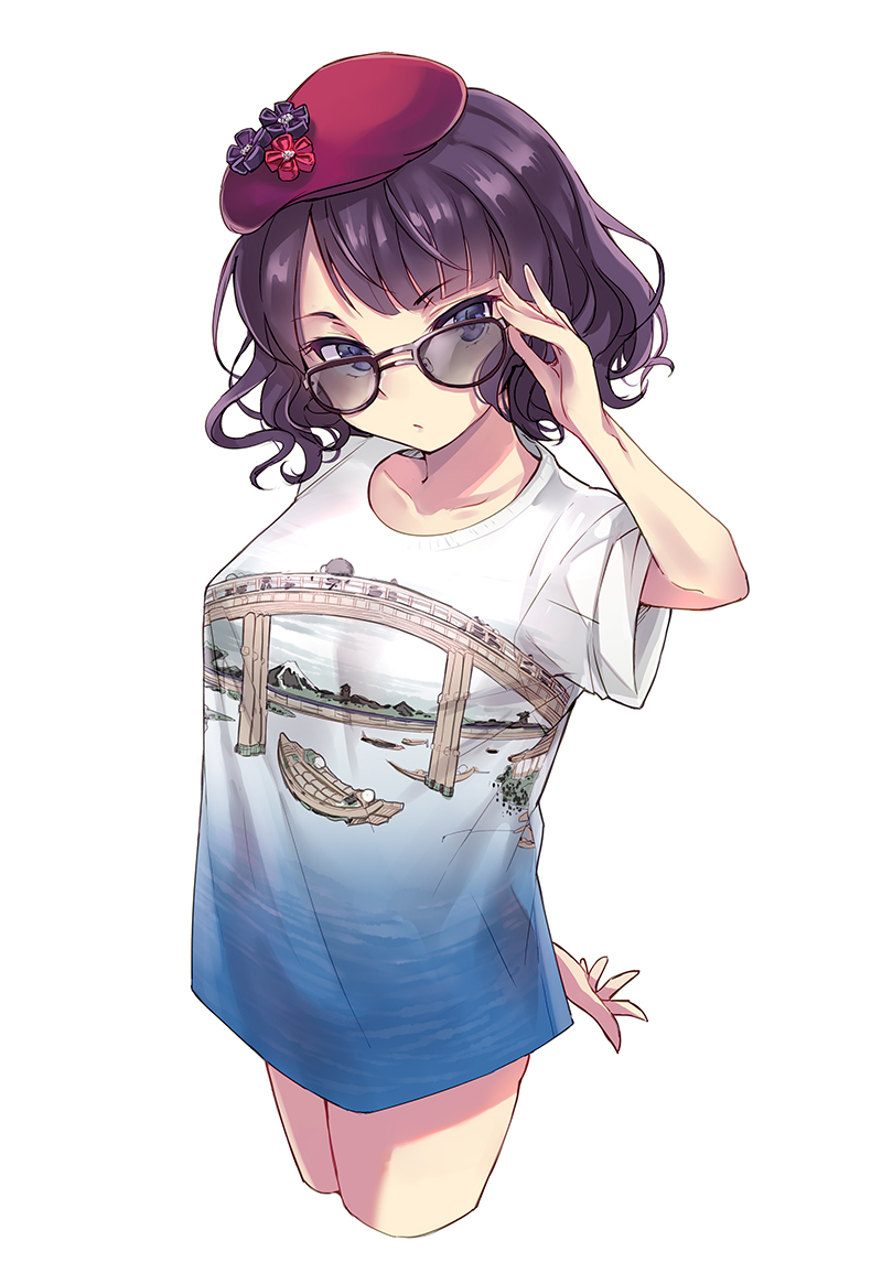 1girl bangs bespectacled black-framed_eyewear blue_eyes blush breasts fate/grand_order fate_(series) glasses katsushika_hokusai_(fate/grand_order) looking_at_viewer purple_hair simple_background solo white_background yuemanhuaikong