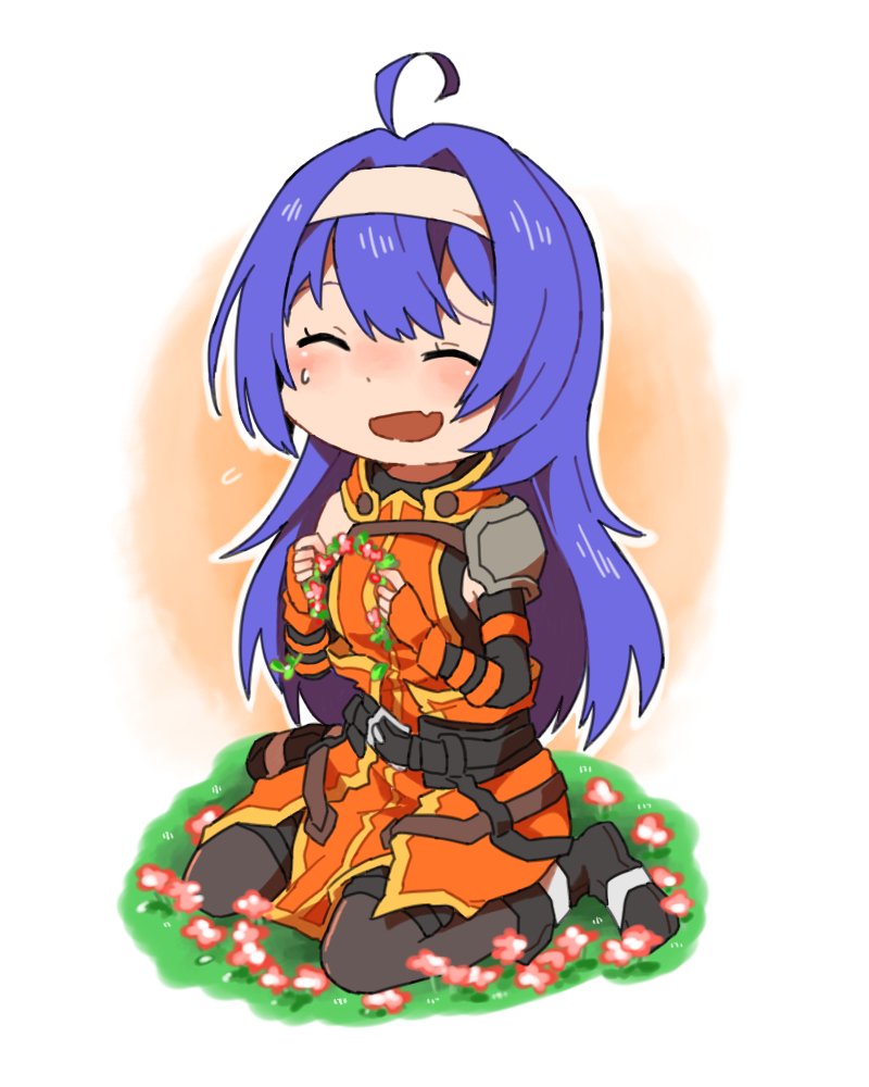 1girl ahoge belt black_legwear blue_hair closed_eyes elbow_gloves fingerless_gloves fire_emblem fire_emblem:_souen_no_kiseki flower gloves grass hairband long_hair nintendo open_mouth shunrai sitting solo wayu_(fire_emblem) white_hairband wreath