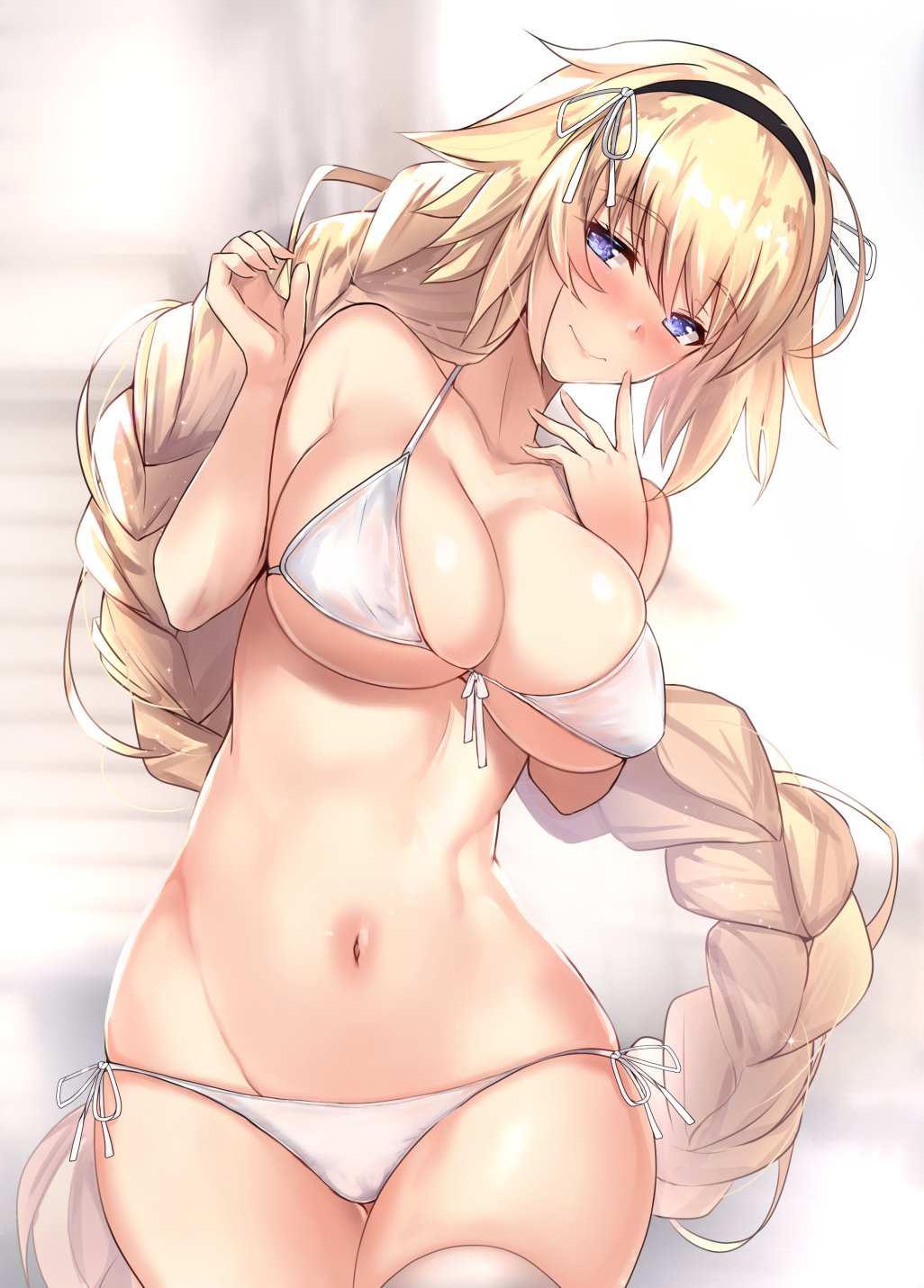 1girl bangs bikini blonde_hair blush braid breasts casual cleavage collarbone commentary_request day eyebrows_visible_through_hair fate/grand_order fate_(series) hair_between_eyes hairband hands_up head_tilt highres jeanne_d'arc_(fate) jeanne_d'arc_(fate)_(all) large_breasts long_hair looking_at_viewer navel side-tie_bikini single_braid skindentation smile solo stomach swimsuit thigh-highs untsue very_long_hair white_bikini white_legwear wind