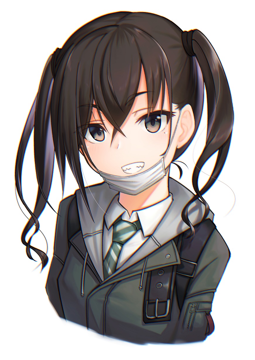 1girl bangs blush brown_eyes brown_hair collared_shirt cropped_torso drawstring eyebrows_visible_through_hair green_neckwear grin hair_between_eyes head_tilt highres hood hood_down hooded_jacket idolmaster idolmaster_cinderella_girls jacket kinata_1 long_hair looking_at_viewer mask_pull mole mole_under_eye necktie sharp_teeth shirt sidelocks simple_background smile solo striped striped_neckwear sunazuka_akira surgical_mask teeth twintails wavy_hair white_background white_shirt