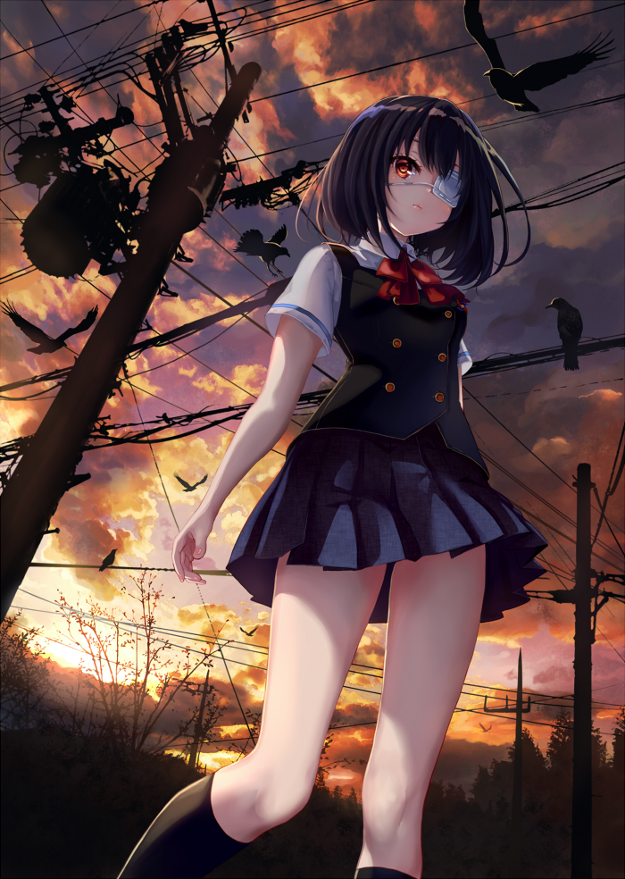 1girl another bird black_hair black_legwear black_vest blue_skirt clouds cloudy_sky crow eyepatch from_below kneehighs miniskirt misaki_mei outdoors pisuke pleated_skirt red_eyes red_neckwear school_uniform shirt short_hair short_sleeves skirt sky solo standing vest white_shirt