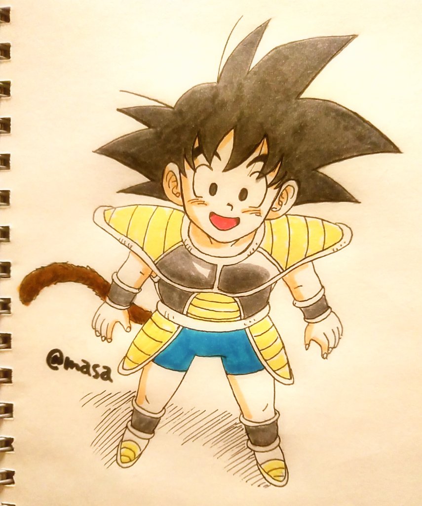 1boy :d armor arms_at_sides black_eyes black_hair blush boots commentary_request dragon_ball dragon_ball_super_broly fingernails full_body happy looking_away male_focus masa_(p-piyo) open_mouth shadow short_hair simple_background smile son_gokuu spiky_hair standing tail twitter_username white_background