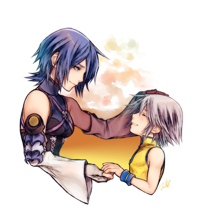 1boy 1girl aqua_(kingdom_hearts) blue_eyes blue_hair blush closed_eyes detached_sleeves fingerless_gloves gloves hand_holding hand_on_another's_head kingdom_hearts kingdom_hearts_birth_by_sleep light_blush looking_at_another looking_down mim_(mimya0600) parted_lips riku short_hair silver_hair sleeveless smile strap upper_body wristband younger zipper