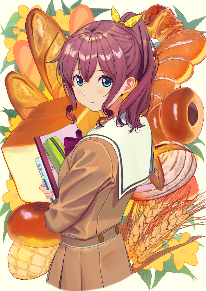 1girl baguette bang_dream! bangs belt blue_eyes blush book bread brown_hair brown_shirt brown_skirt closed_mouth commentary_request croissant cropped_torso eyebrows_visible_through_hair flower food hair_between_eyes hair_ribbon holding holding_book leaf long_hair long_sleeves looking_at_viewer looking_back pencil_case poligon_(046) ponytail ribbon sailor_collar school_uniform shirt sidelocks skirt solo wavy_hair white_sailor_collar yamabuki_saaya yellow_flower yellow_ribbon